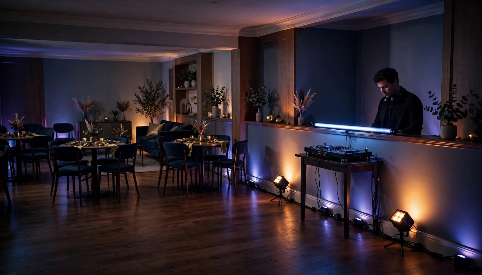 A DJ booth with low blue and gold lighting beside an open dance floor.