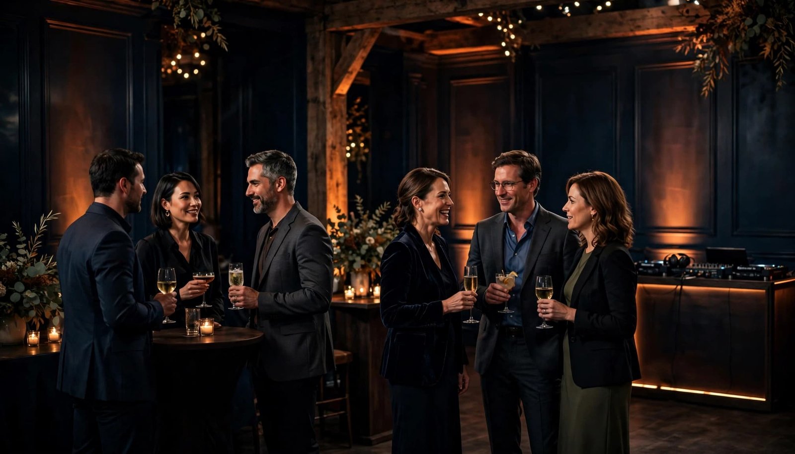 Six guests mingle near a discreet DJ booth in a warmly lit reception venue.