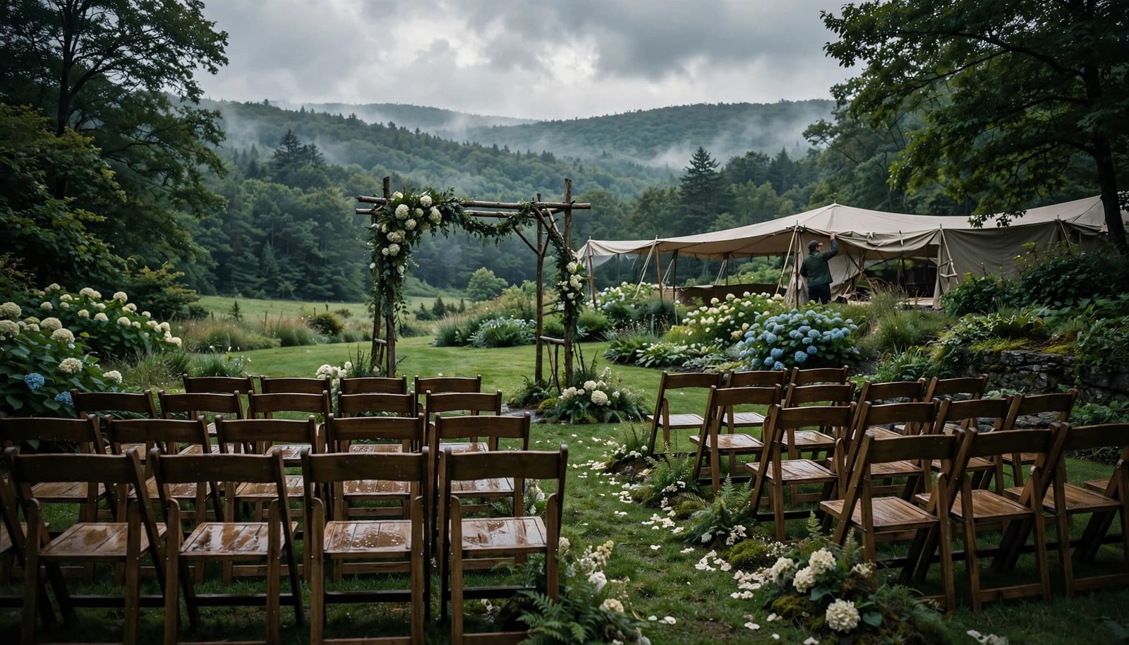 Empty wooden chairs face a garden arbor as an attendant adjusts a canopy.