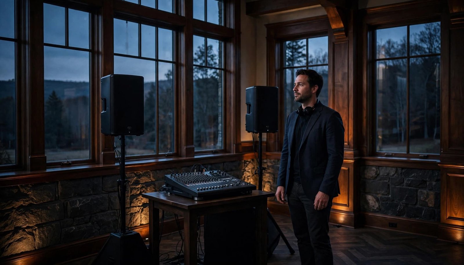Corporate Event DJ Power Planning for New Hampshire Venues A professional stands beside a DJ console and two speakers in an elegant venue.