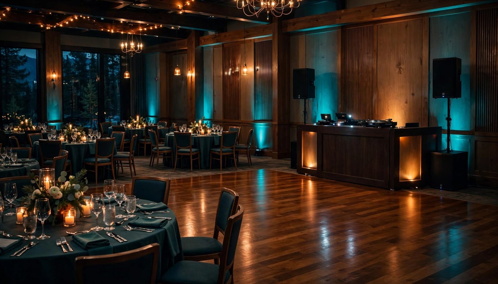Empty banquet room with a DJ booth, speakers, polished dance floor, and dramatic amber lighting.