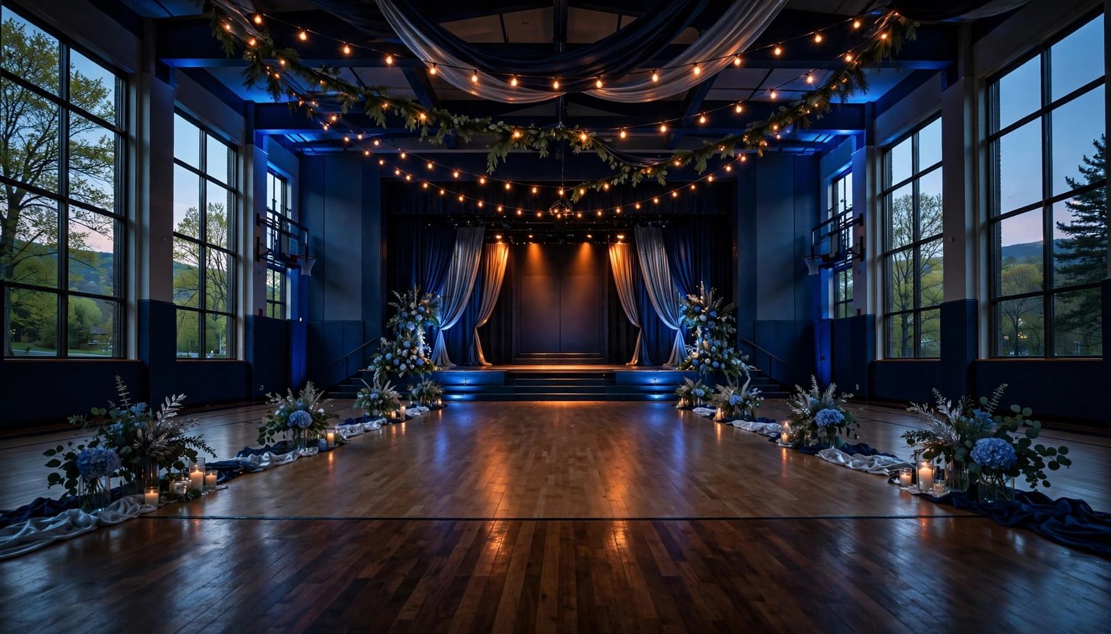 An empty school gym with a lit dance floor, stage, and neatly arranged seating.