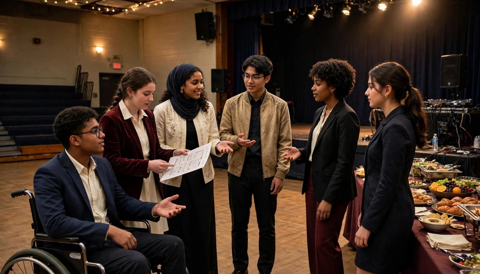 Six students plan a prom in an auditorium, with a wheelchair user reviewing the event layout.
