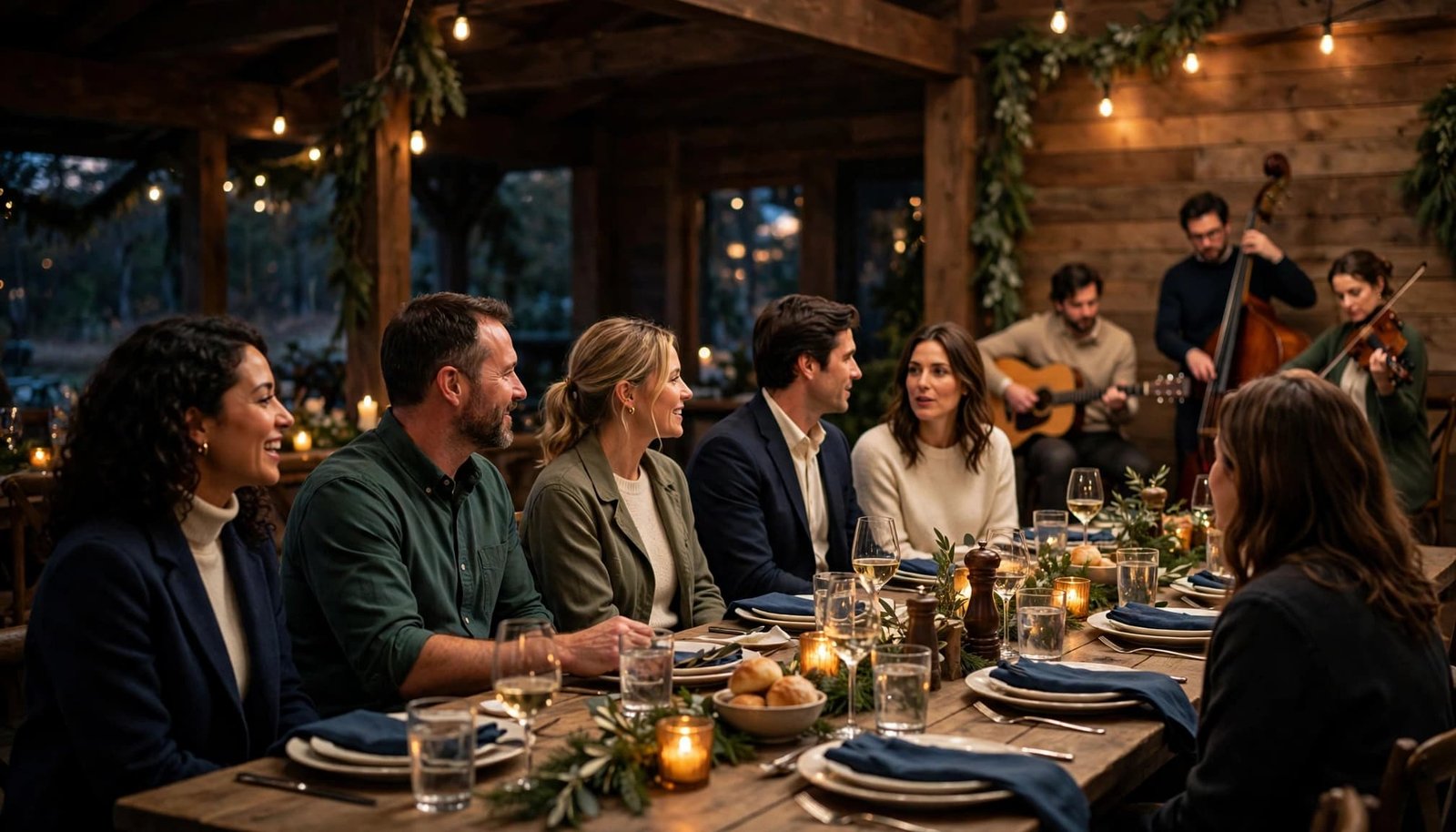 Guests dine at long tables while a three-piece acoustic trio plays in the background.