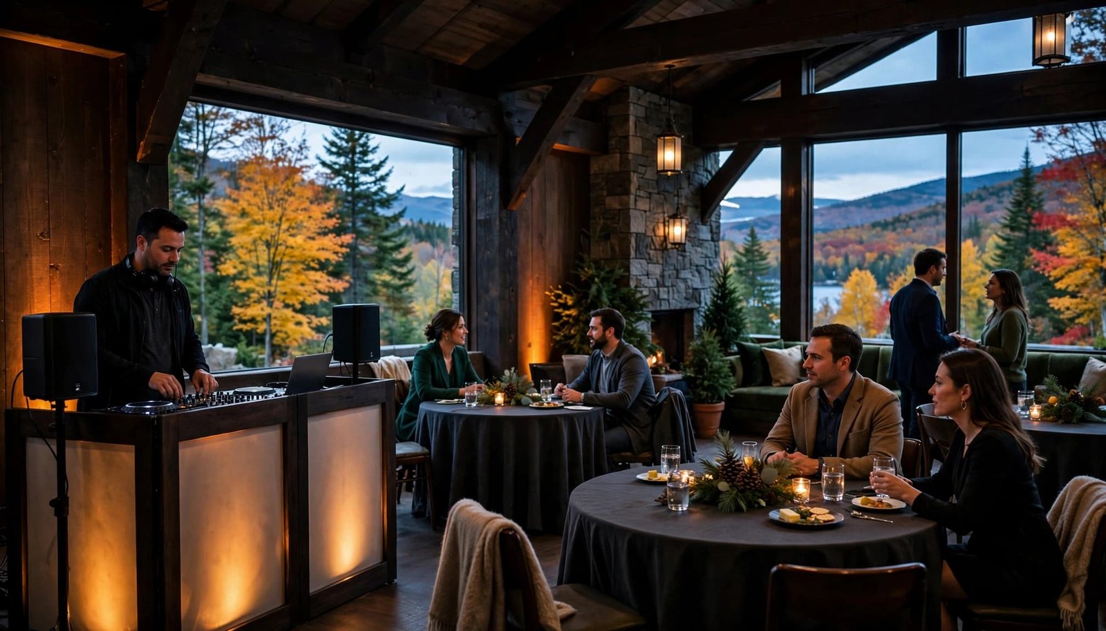Corporate Retreat DJ Ideas for New Hampshire Teams A DJ performs beside a lit booth as guests network in a mountain lodge.