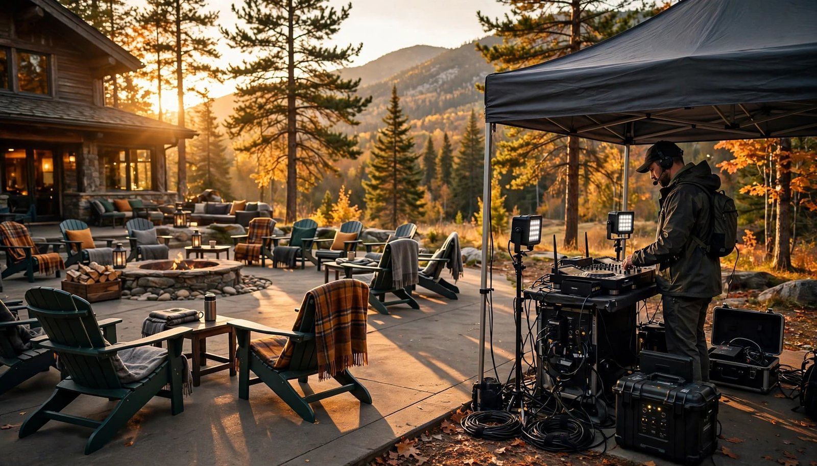 Corporate Retreat DJ Ideas for New Hampshire Teams An event professional beside covered DJ equipment near a lodge patio and mountain backdrop.