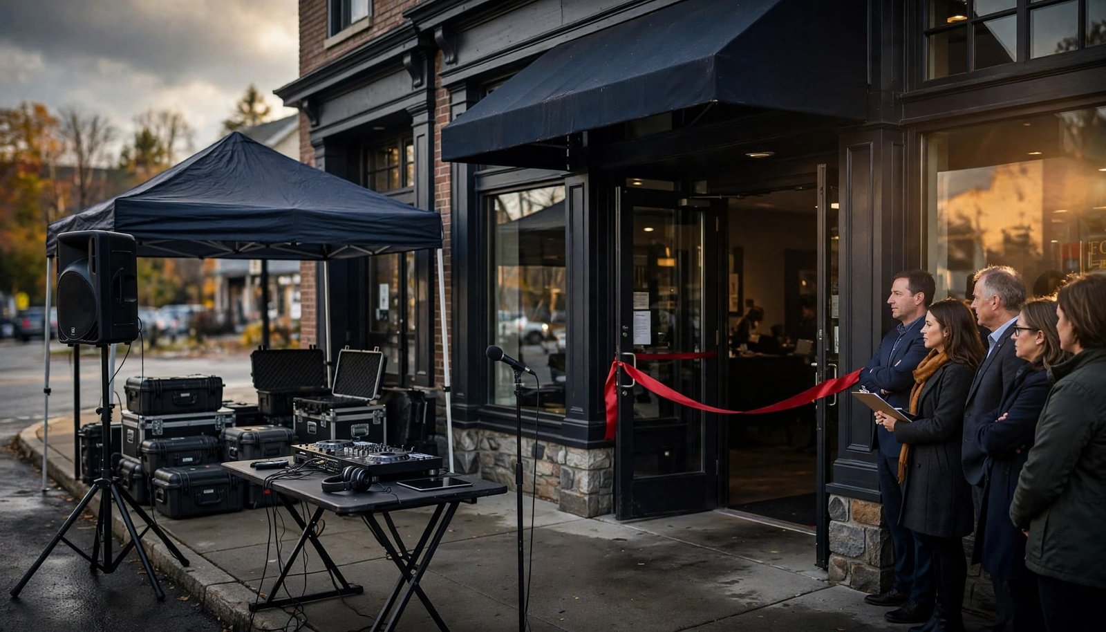 Outdoor storefront event with a DJ table, microphone, covered equipment, and guests.