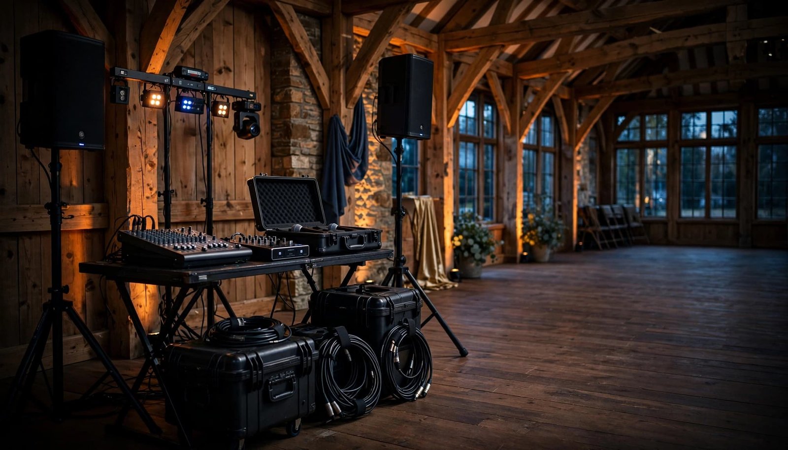Professional DJ equipment arranged in a rustic wedding reception hall.