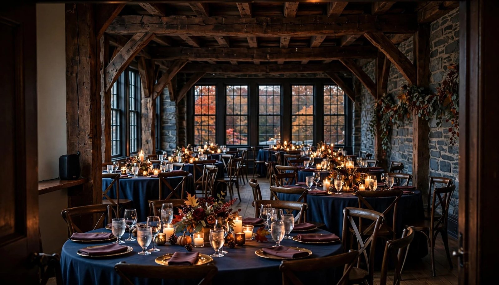 Candlelit tables fill an empty timber-beamed inn room, with autumn trees visible through tall windows.
