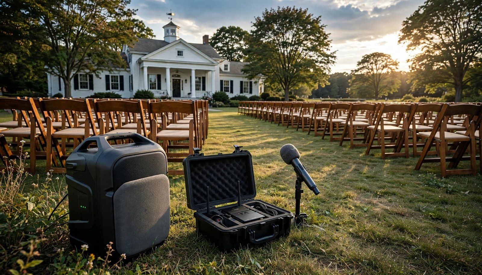 Wedding audio equipment beside ceremony seating on a sunny lawn.