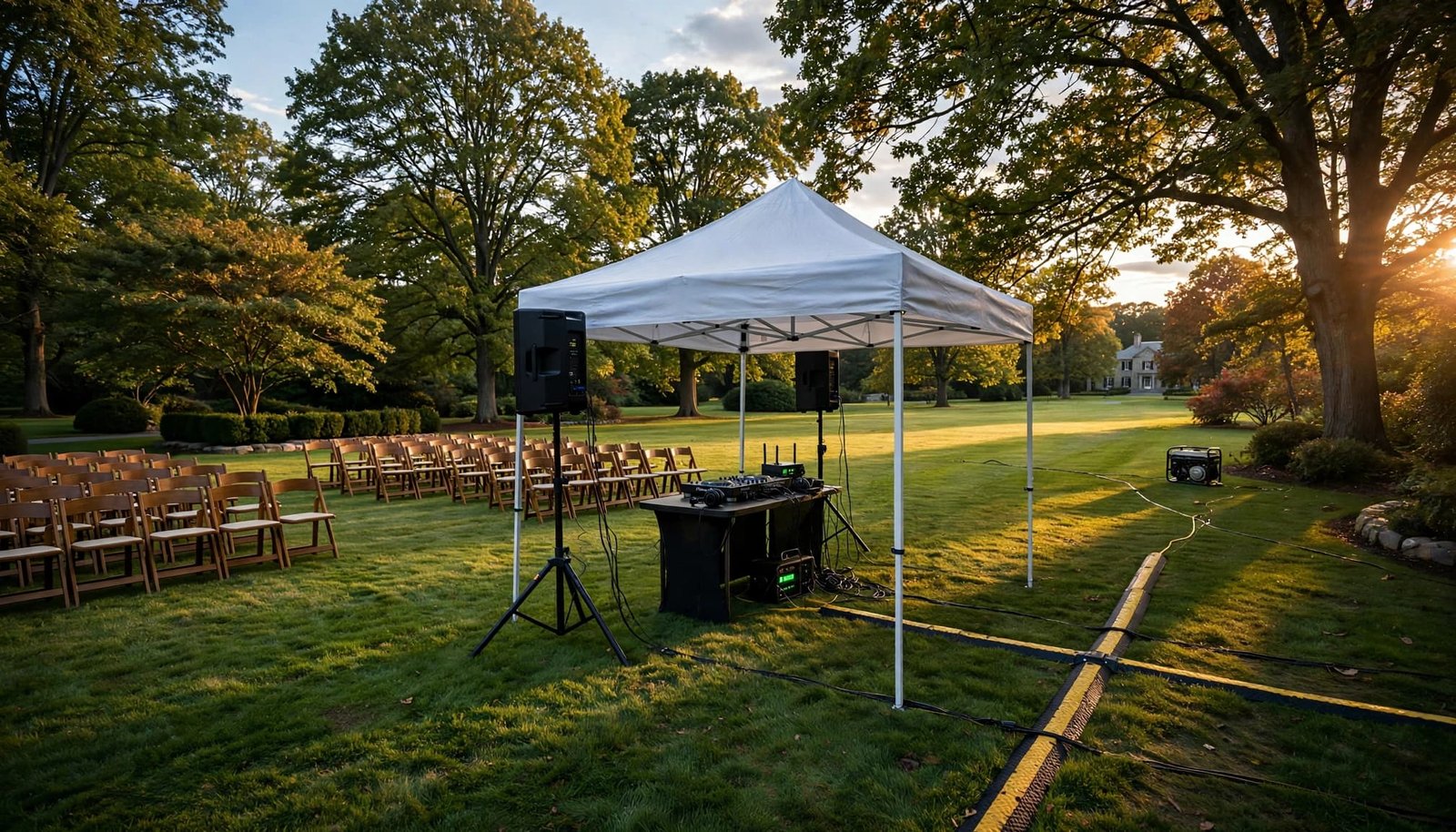Wedding ceremony chairs, speakers, a DJ table, and a distant generator on a landscaped lawn.