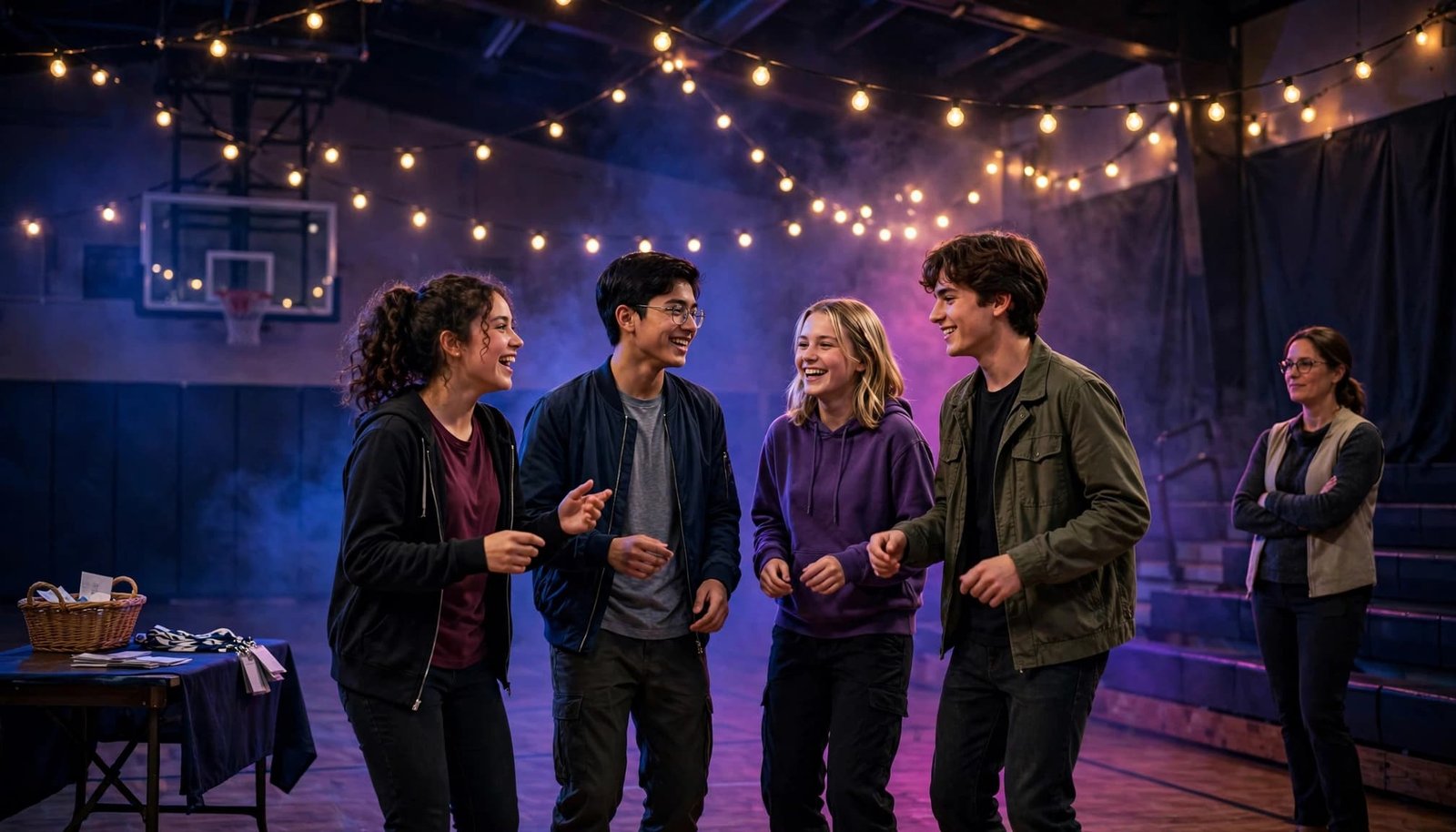 Four teens dance together while an adult chaperone watches nearby.