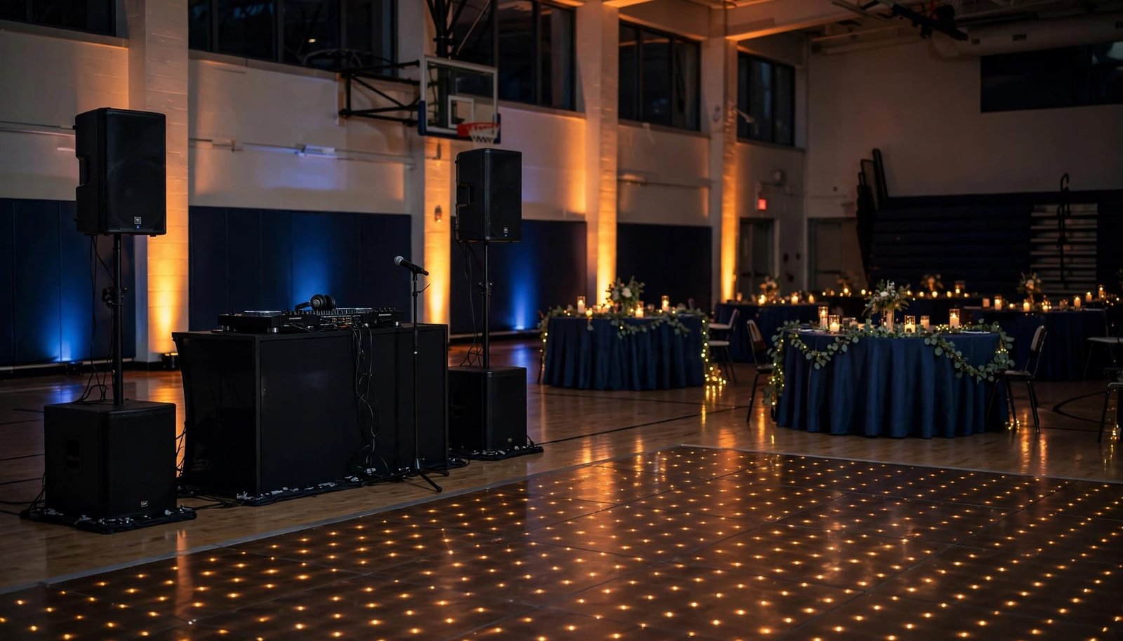 A DJ booth, speakers, microphone, and lights set up in an empty school gym.