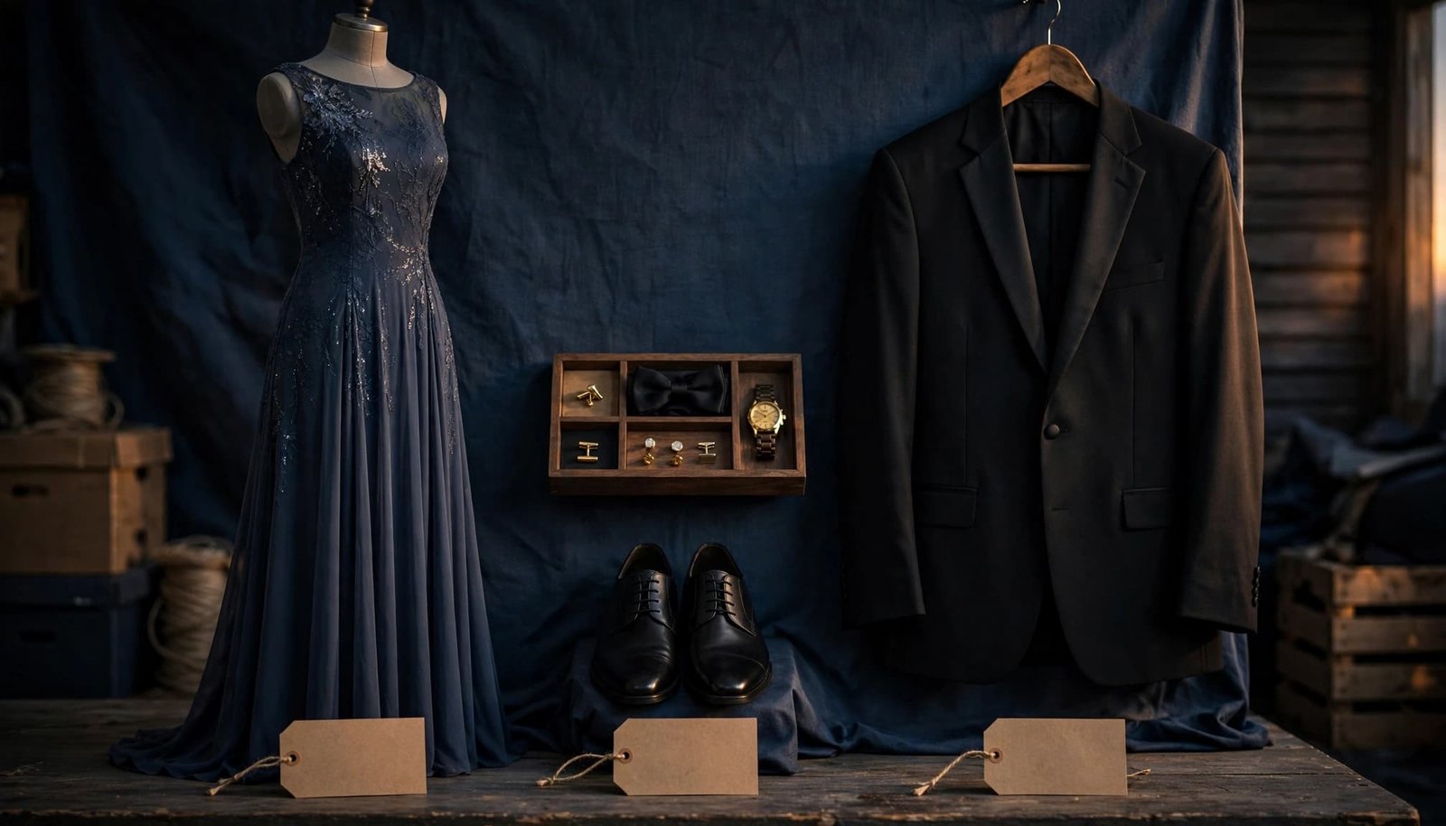 A dress and tuxedo flank shoes, accessories, and blank price tags.