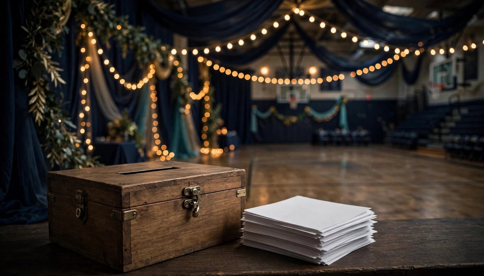 A closed ballot box and blank ballots sit before a decorated school gym dance floor.