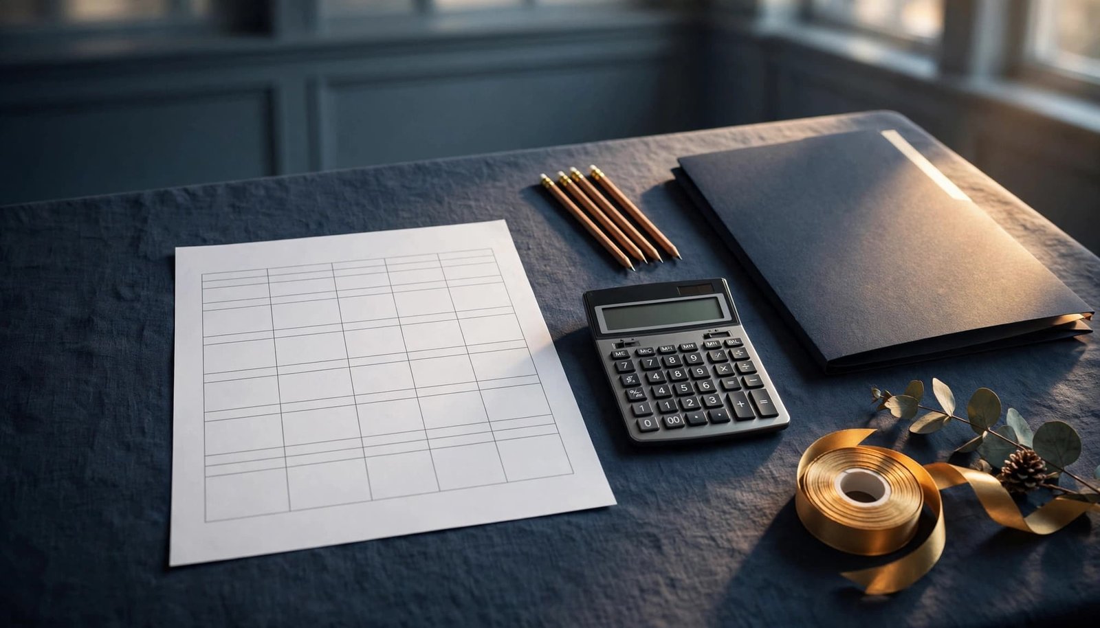 Blank prom budget worksheet with a calculator, pencils, and folder on a meeting table.