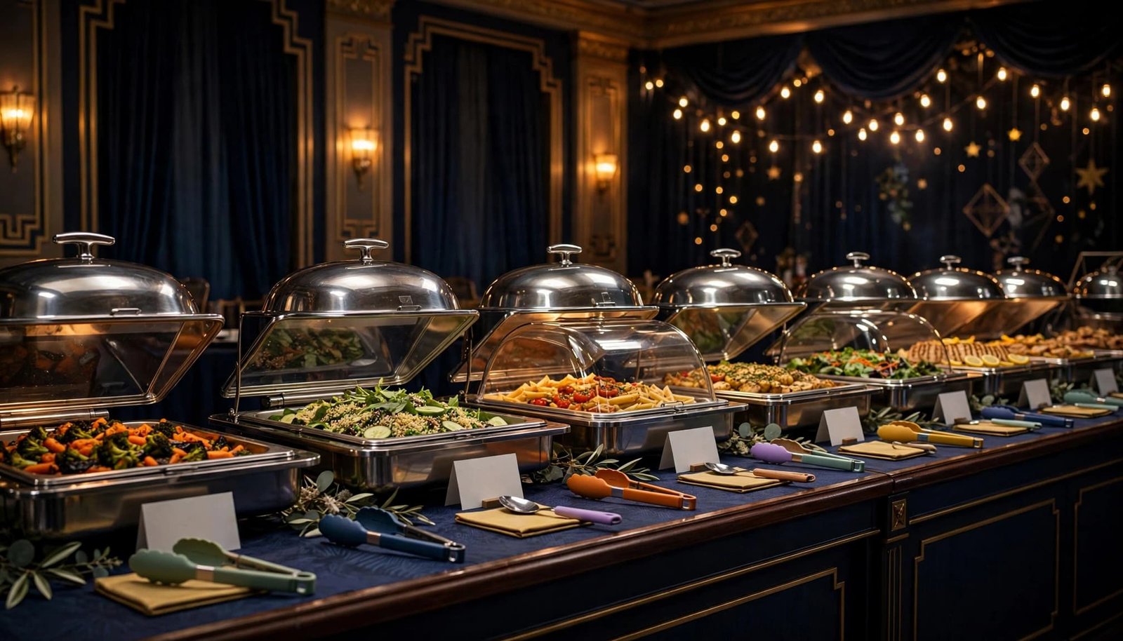 Prom Food Planning for Dietary Needs and Safe Service A prom buffet with covered dishes, color-coded utensils, and blank ingredient cards.