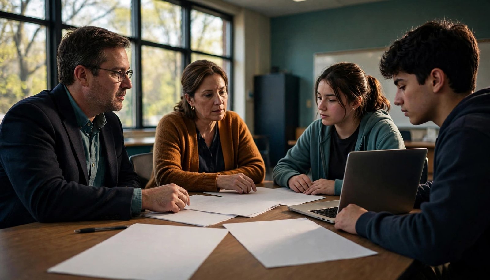 Four people review papers around a conference table in a bright school meeting room.
