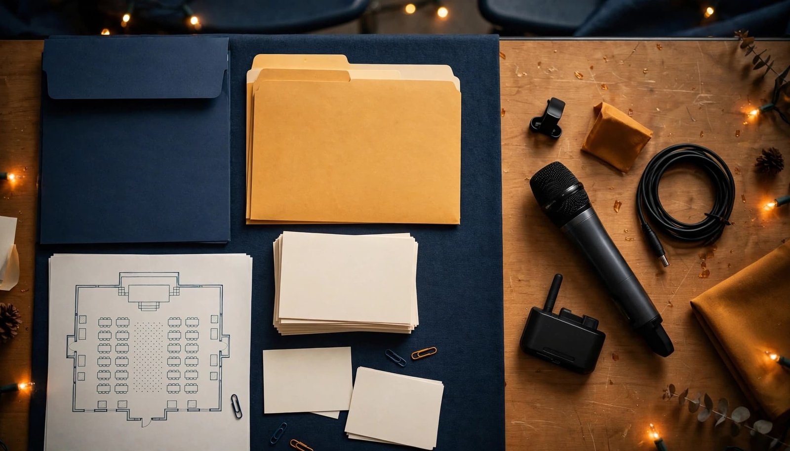Prom planning papers, folders, and a wireless microphone arranged on a cafeteria table.