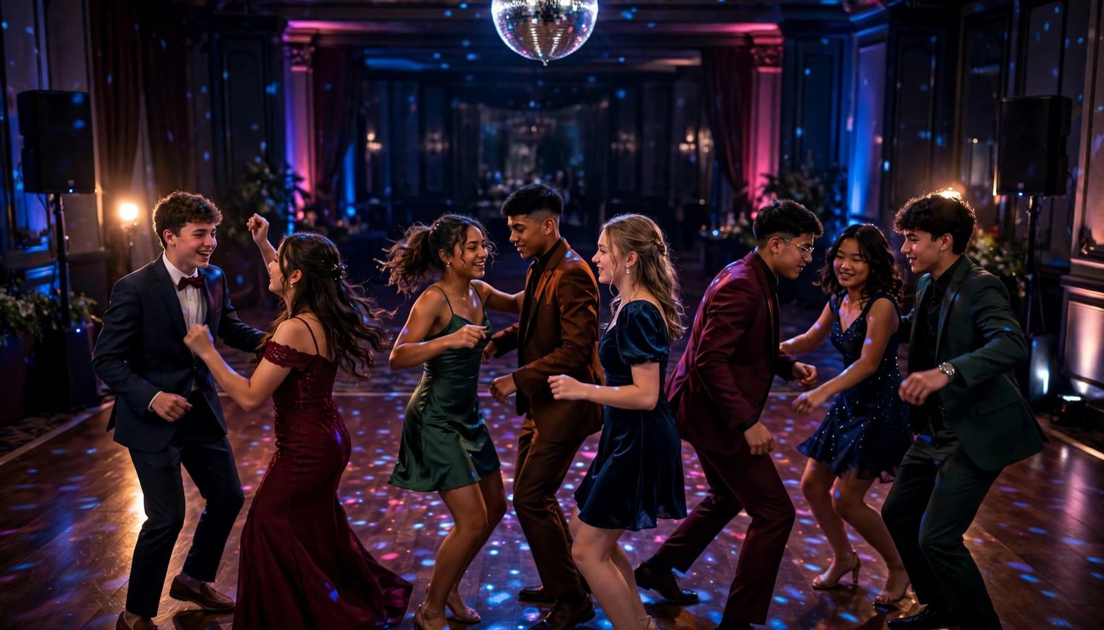 Prom Dinner Music That Keeps Students Engaged Between Formalities Eight students dancing in small groups on a colorful prom dance floor.