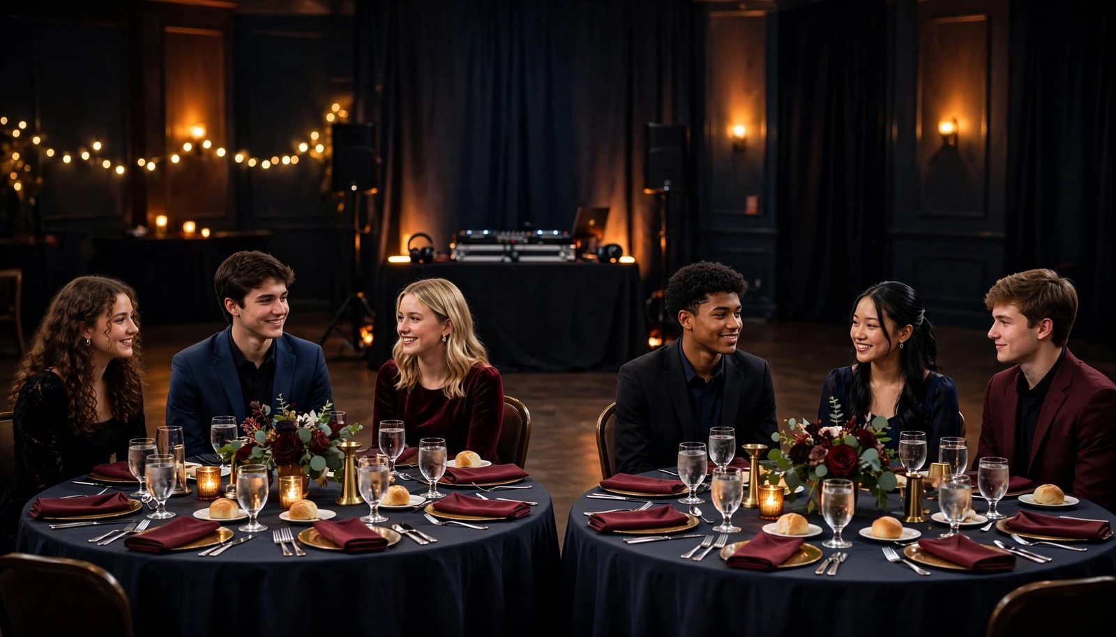 Prom Dinner Music That Keeps Students Engaged Between Formalities Six students talk at two formal dinner tables in a softly lit ballroom.