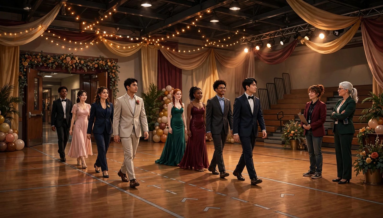 Eight students rehearse a formal entrance while two coordinators supervise in a decorated gym.