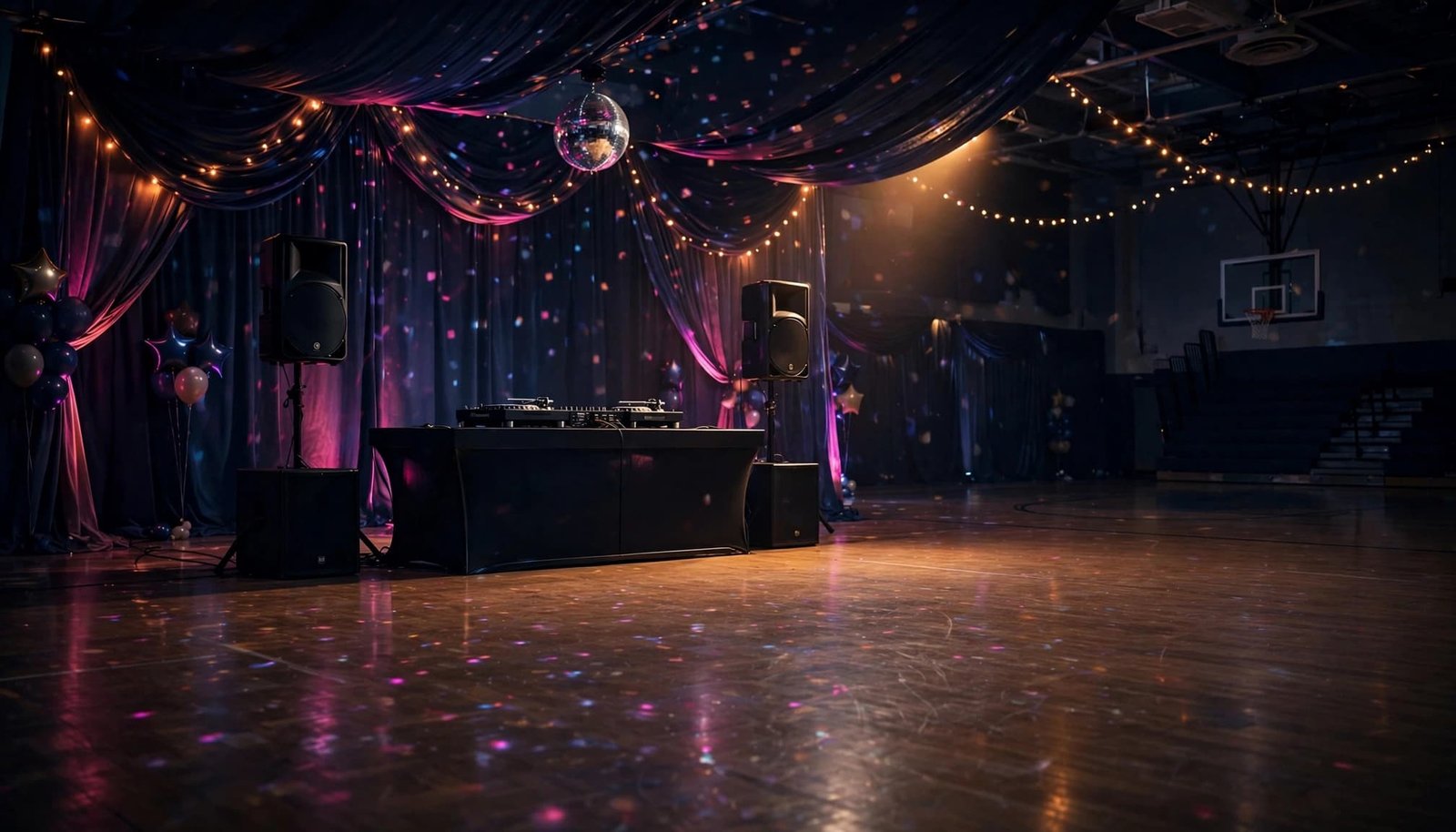 A DJ booth and speakers face an empty, softly lit school gym dance floor.