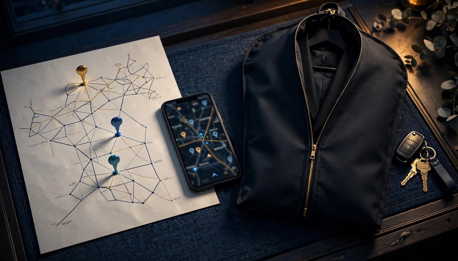 A route map, phone, keys, and formalwear arranged in a dark entryway.