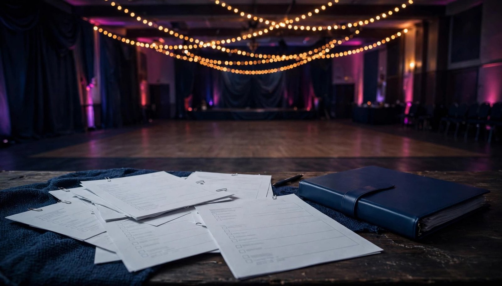 Song-request sheets and a binder sit before an empty ballroom lit with warm string lights.