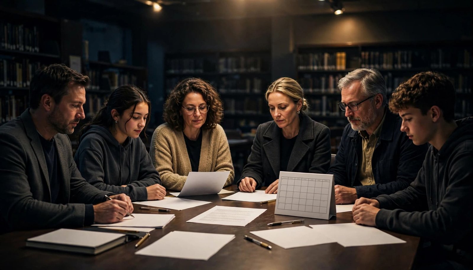 Prom Cancellation Policy Template for School Committees Six people review papers and a calendar around a table in a school library.