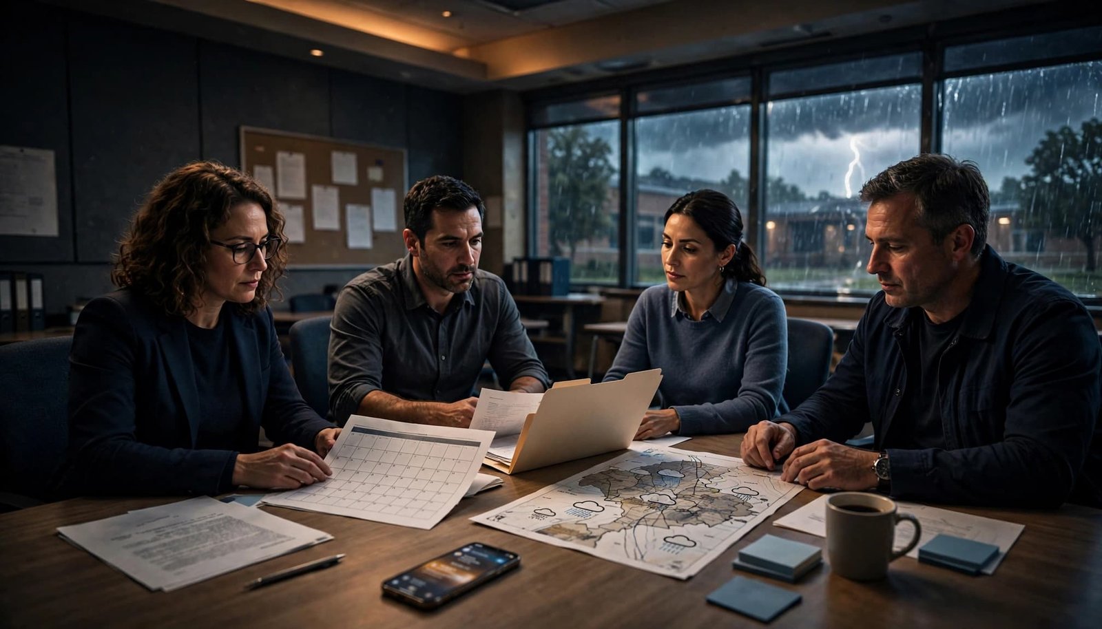 Four adults review prom plans around a table during a rainy storm.