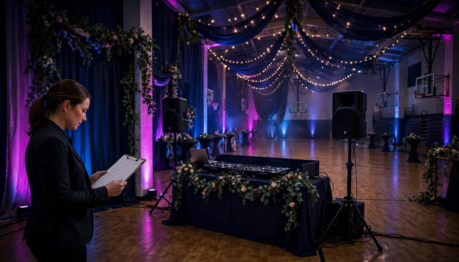 An event coordinator reviews a checklist beside prom equipment in a lit school gym.