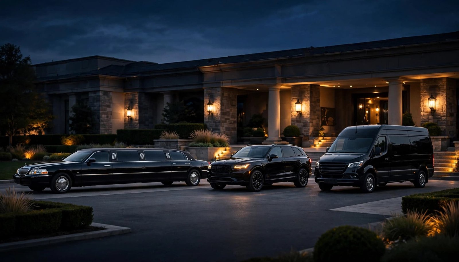 Three different vehicles parked outside an elegant venue at dusk.