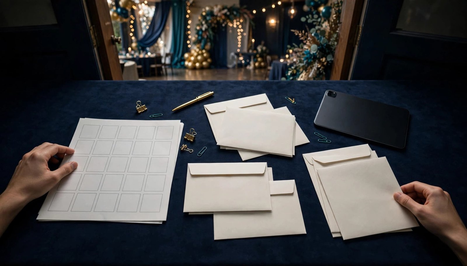 Two hands arrange ballot envelopes, a seating chart, and a tablet near a decorated prom venue.