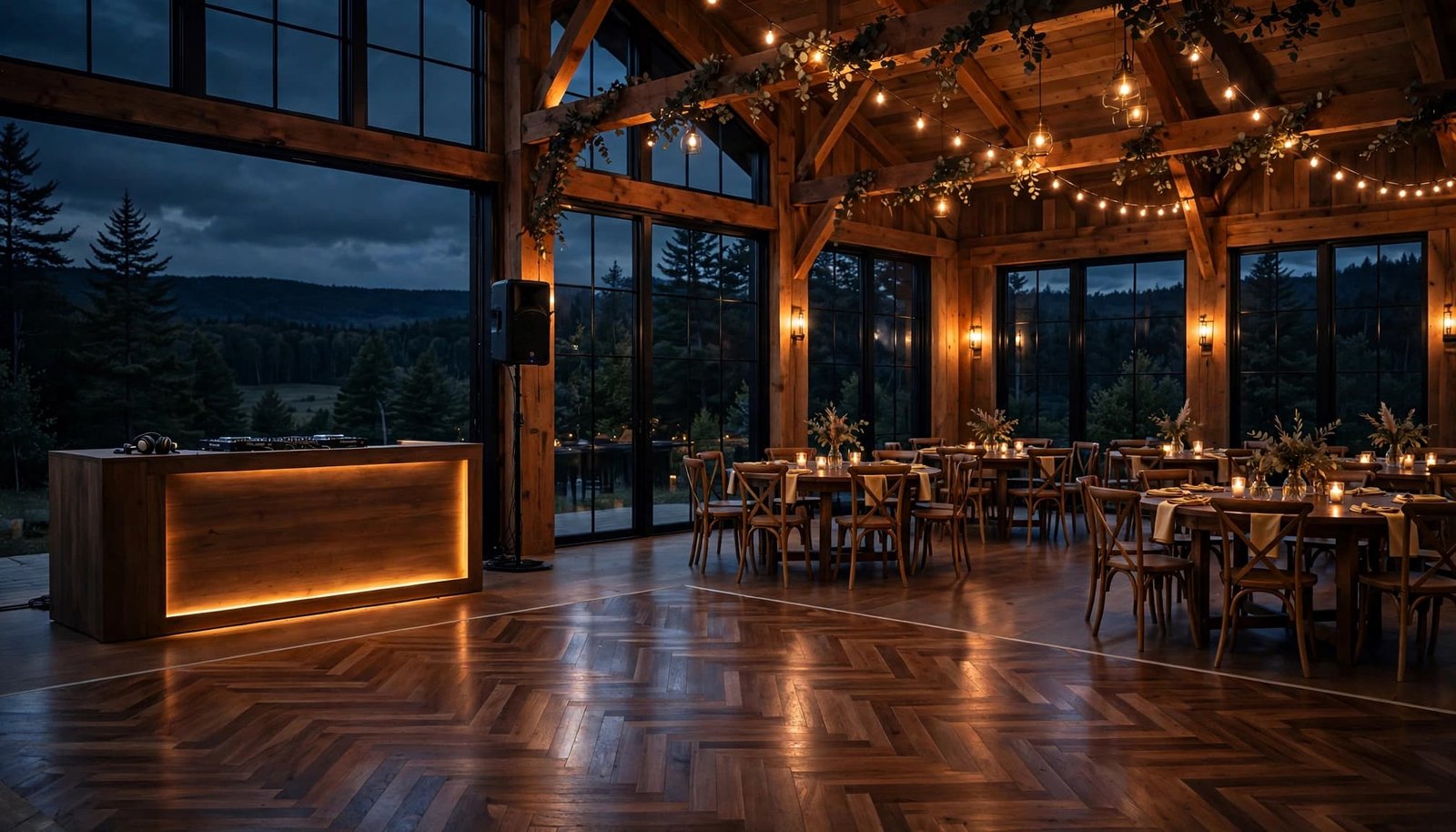 A DJ booth and speakers beside a barn wedding dance floor at night.