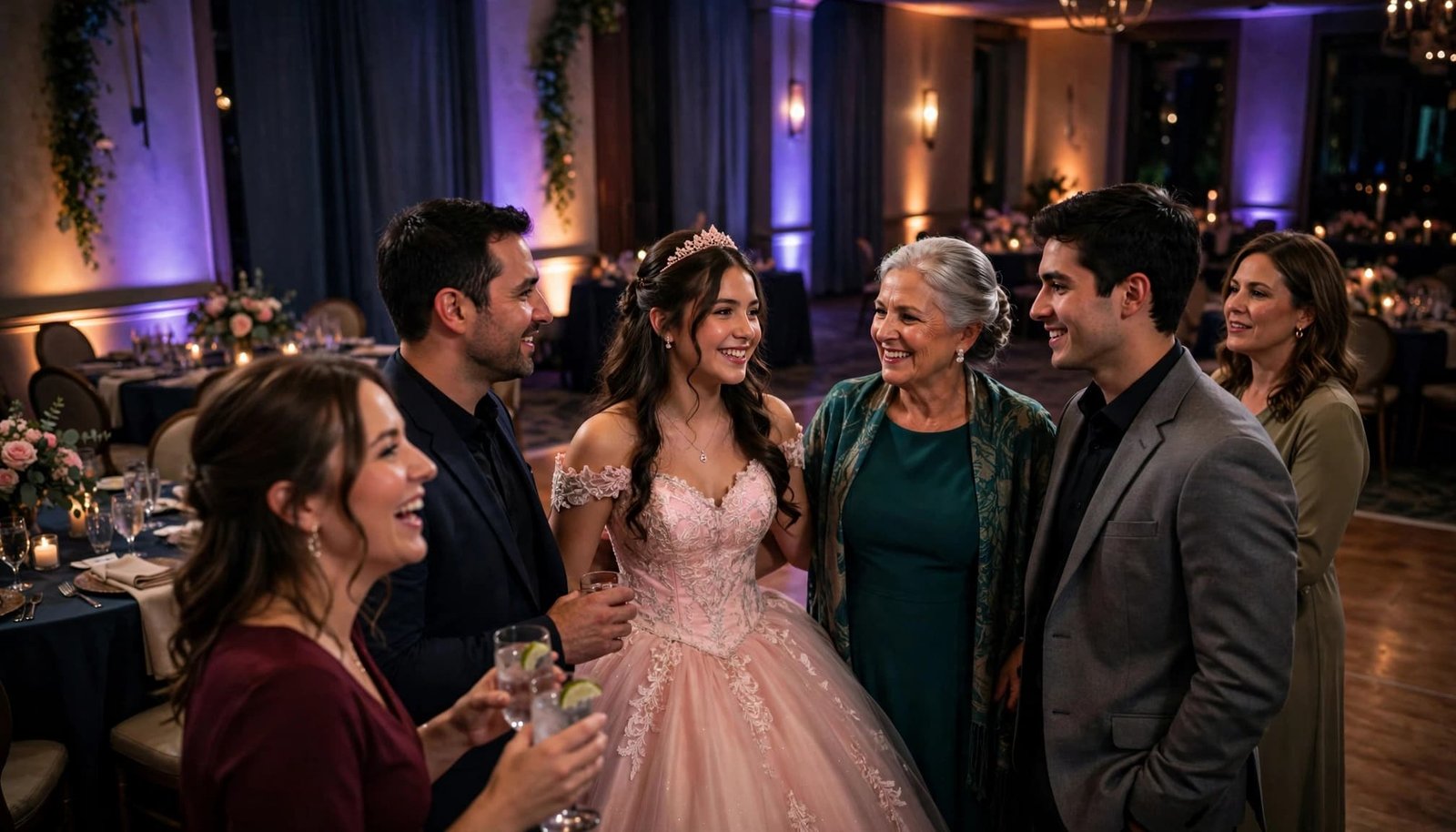 Quinceañera DJ Timeline: Court of Honor and Dancing A celebrant and five guests dance beneath colored ballroom lights.