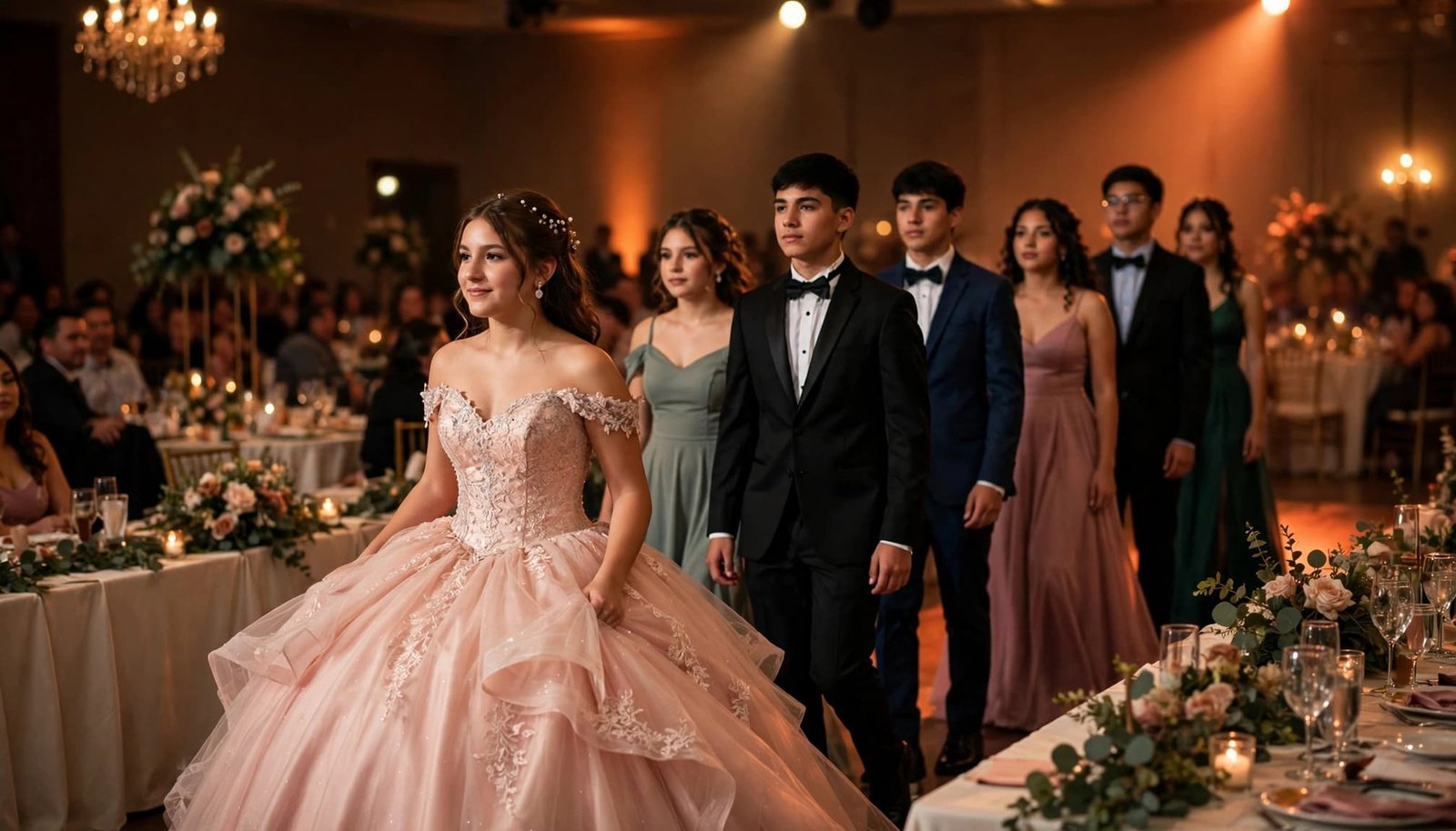 Quinceañera DJ Timeline: Court of Honor and Dancing A celebrant and six attendants enter a warmly lit reception ballroom.