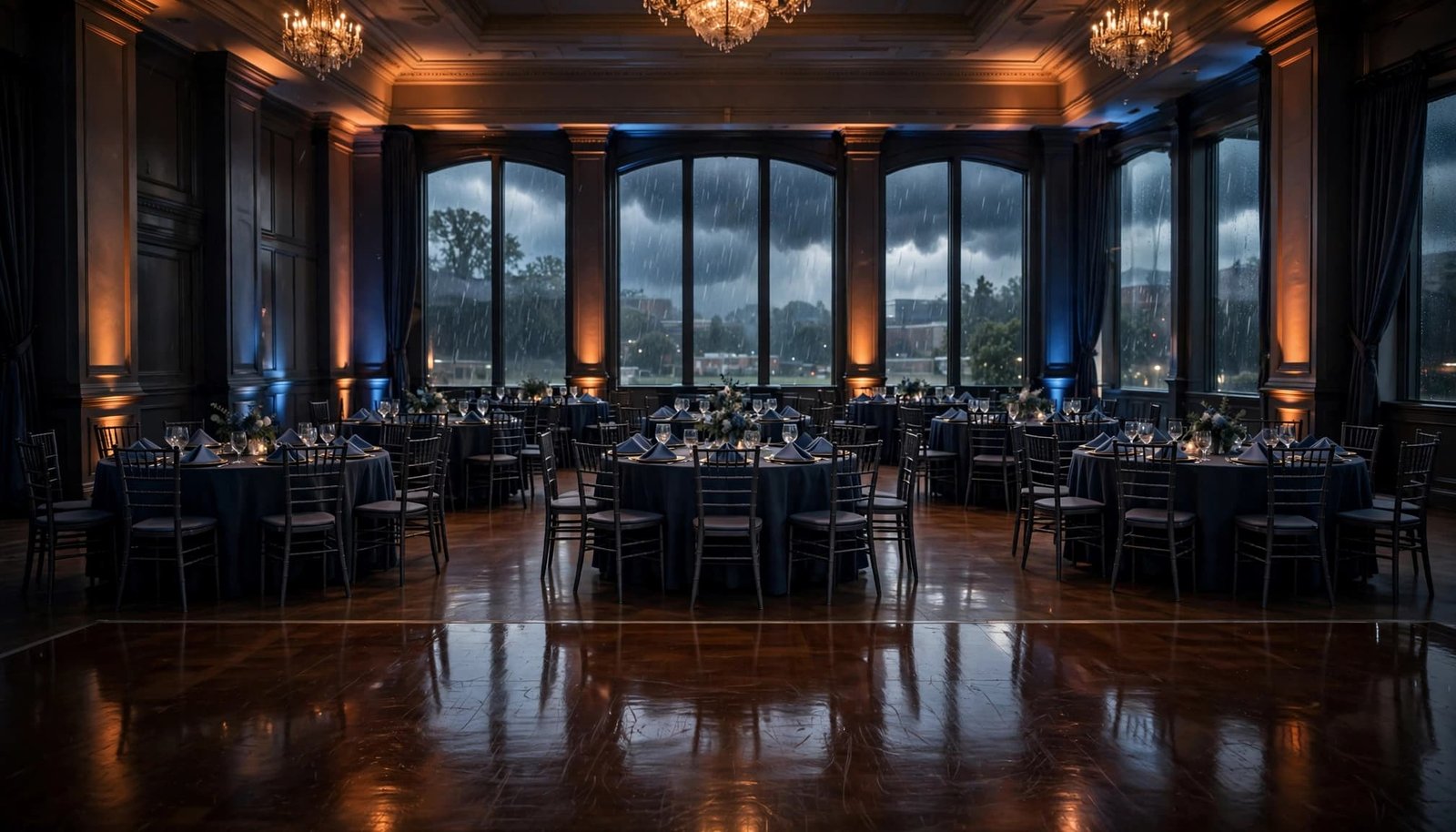 An empty prom ballroom with round tables, uplighting, and rain beyond tall windows.