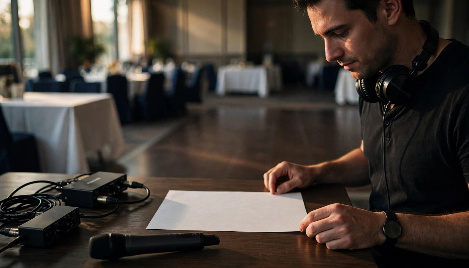 Quinceañera DJ Timeline: Court of Honor and Dancing A DJ checks a printed schedule beside a microphone in an empty event venue.