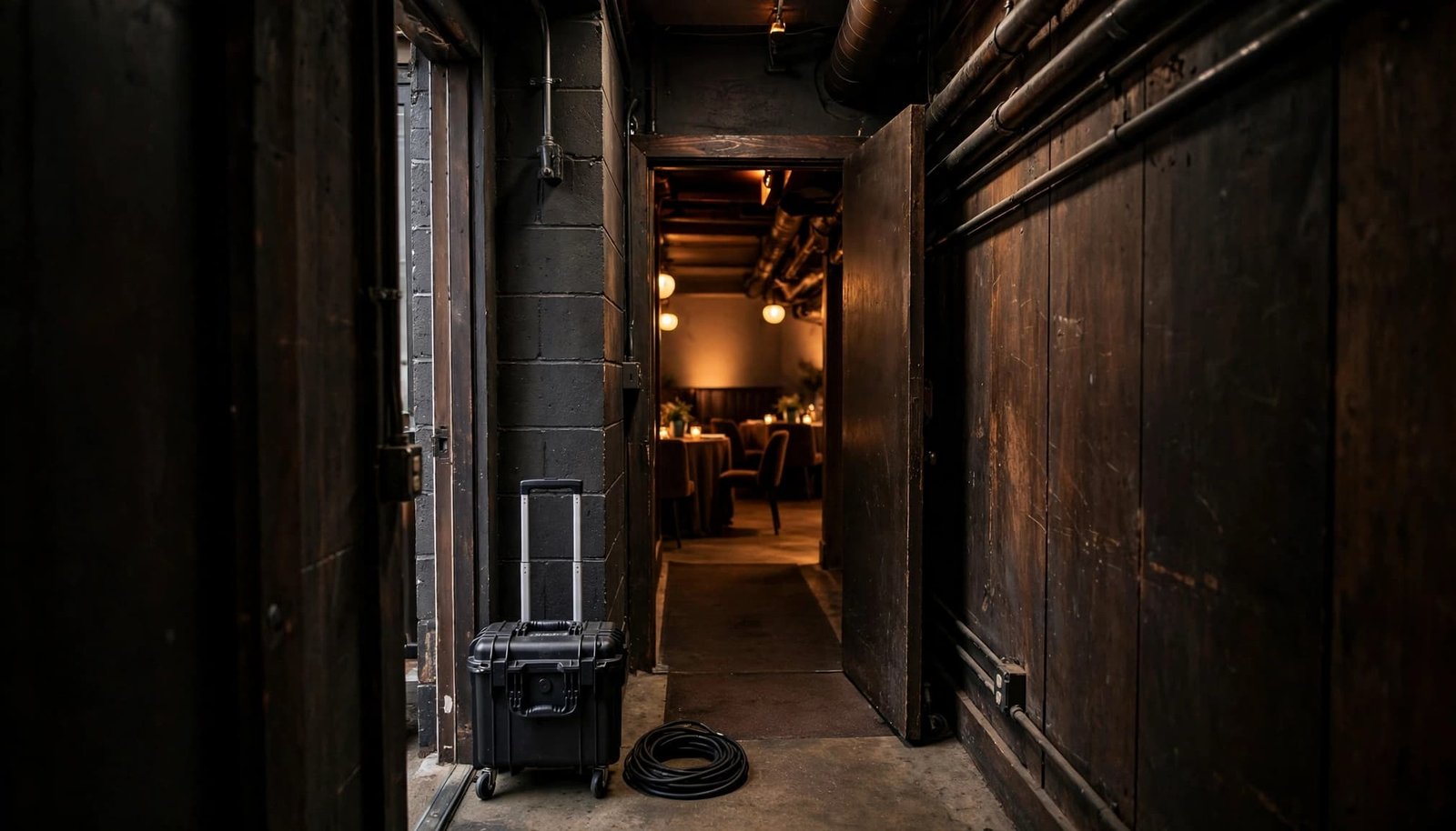 Restaurant Wedding DJ Planning: Sound, Space, and Flow A small audio case and coiled cable beside a doorway to a warmly lit dining room.