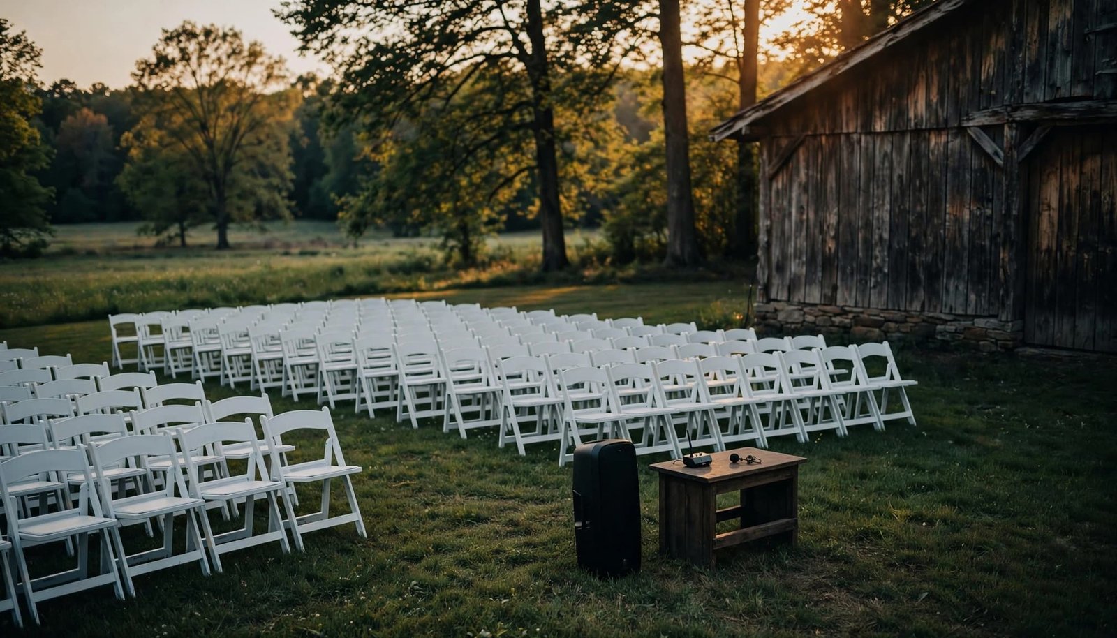 Wedding speaker and microphones on a table beside empty chairs and a rustic barn.