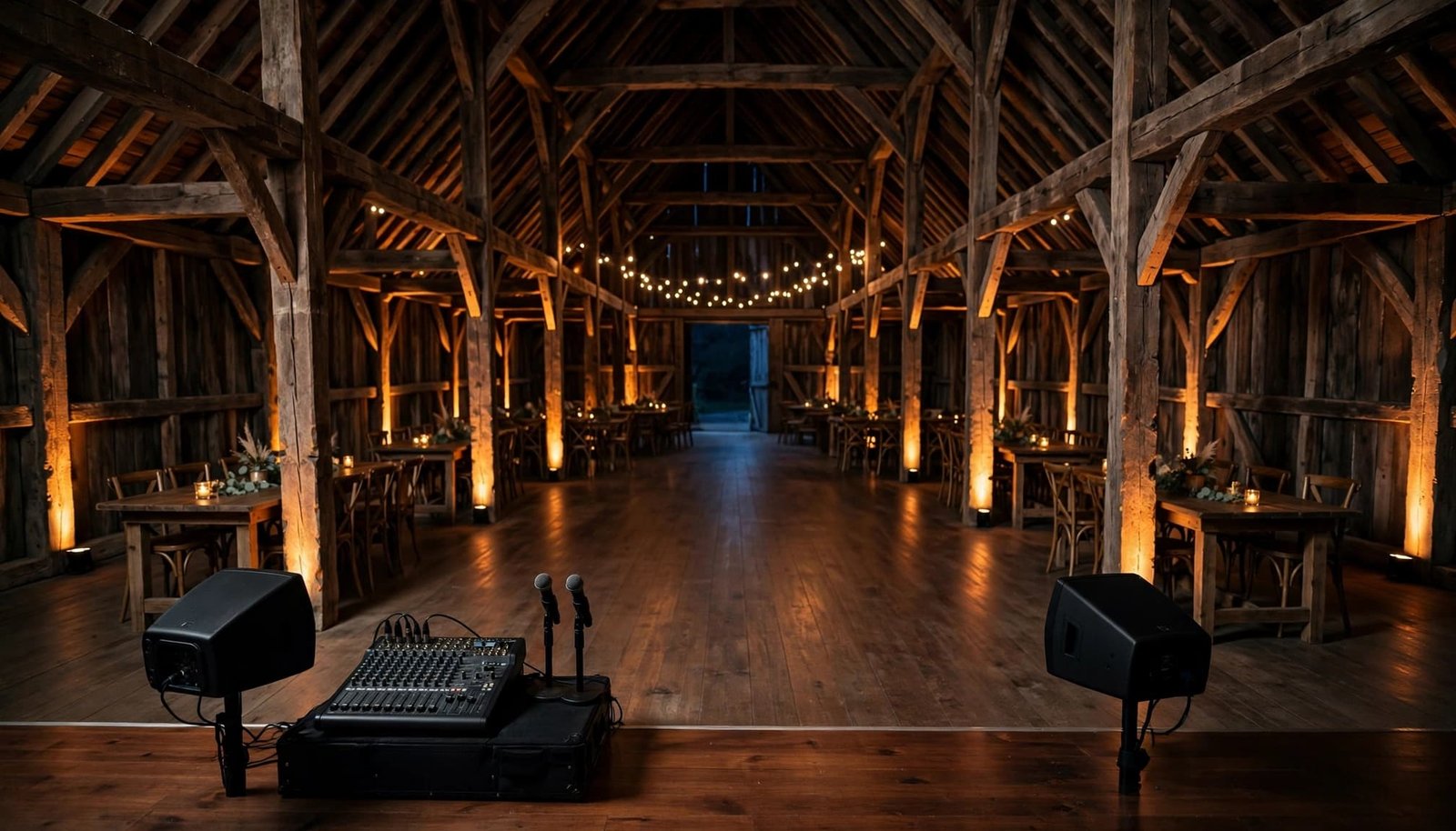DJ speakers, mixer, and microphones arranged in a warmly lit barn.