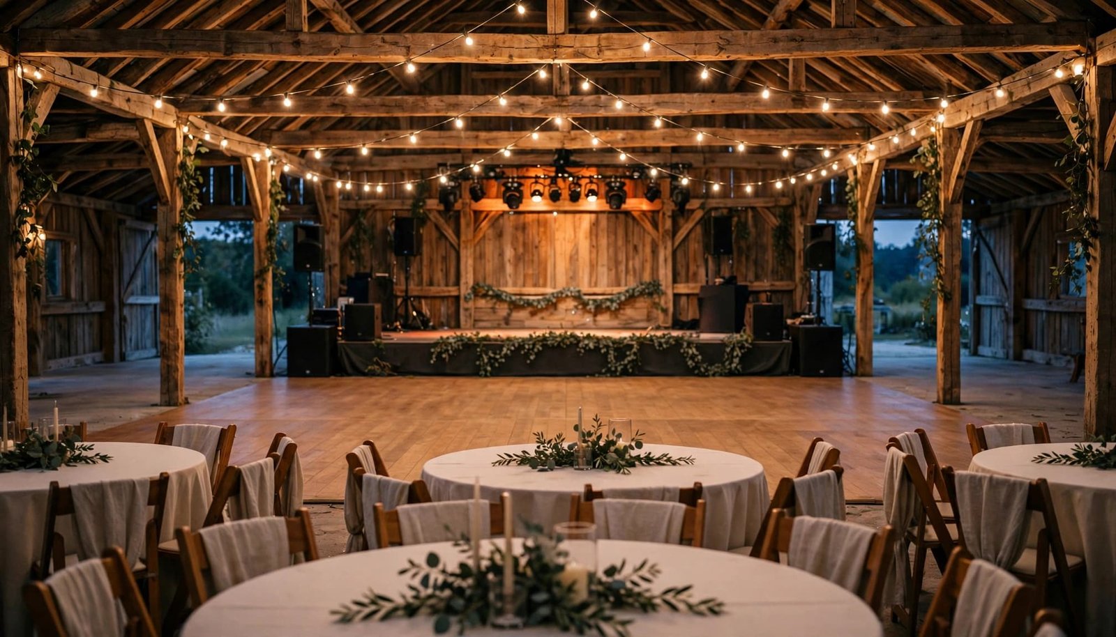 Prom Date Planning That Fits the School Calendar An empty barn dance hall with a broad floor, tables, warm lights, and a small stage.