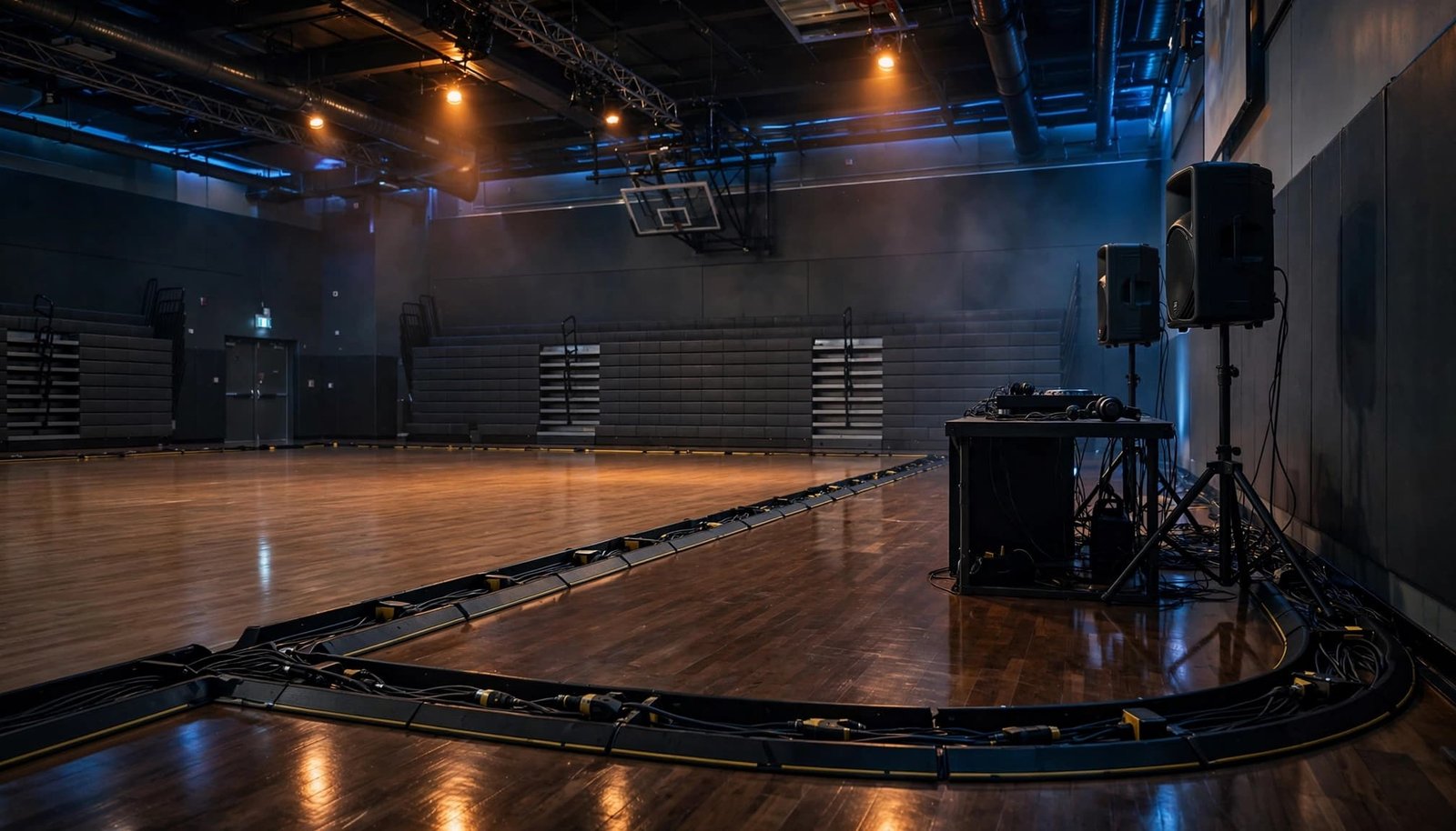 DJ equipment sits beside a polished gym floor with cables secured along the perimeter.