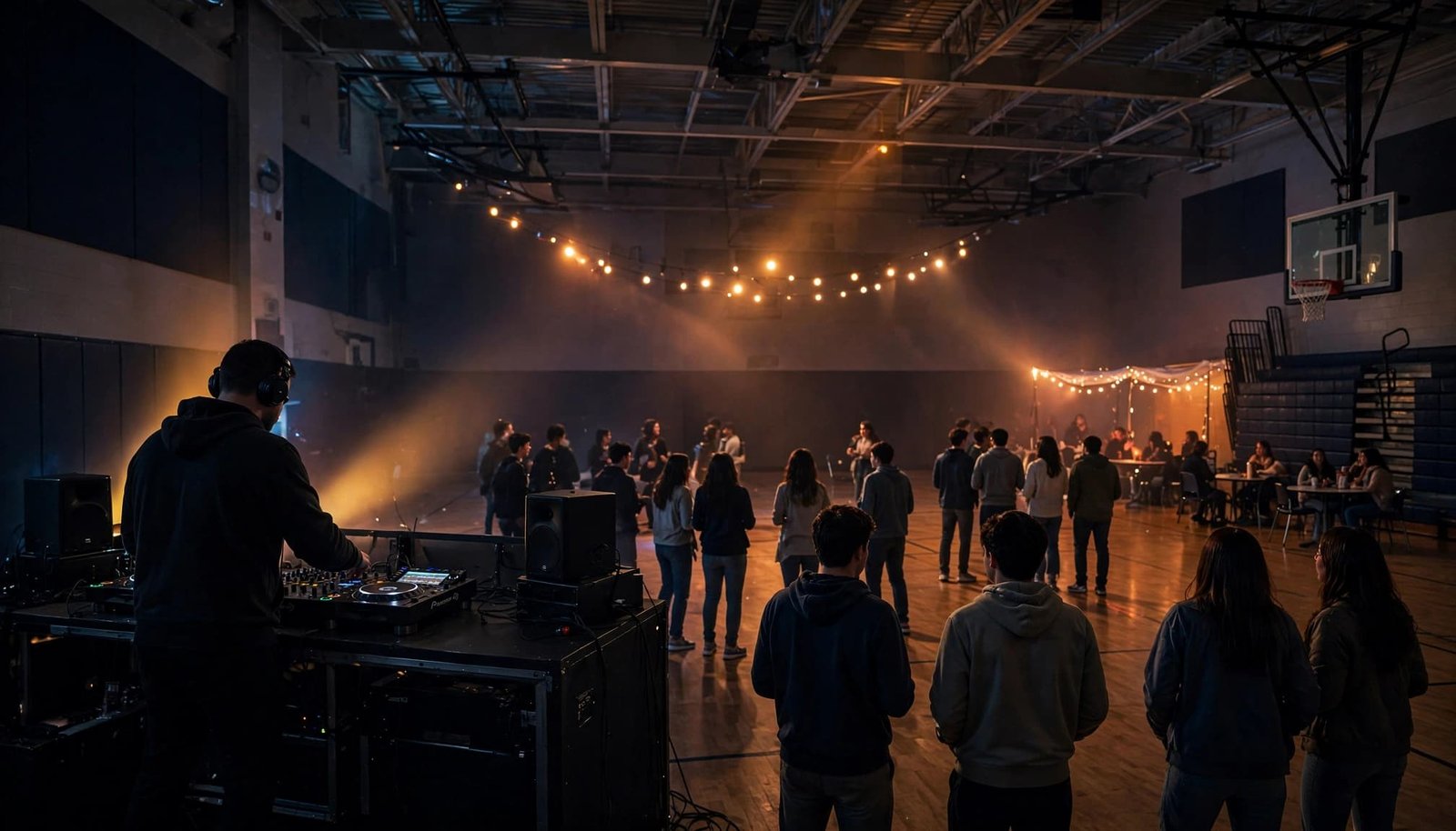 A DJ performs beside a sound system as students gather on a lit gym dance floor.