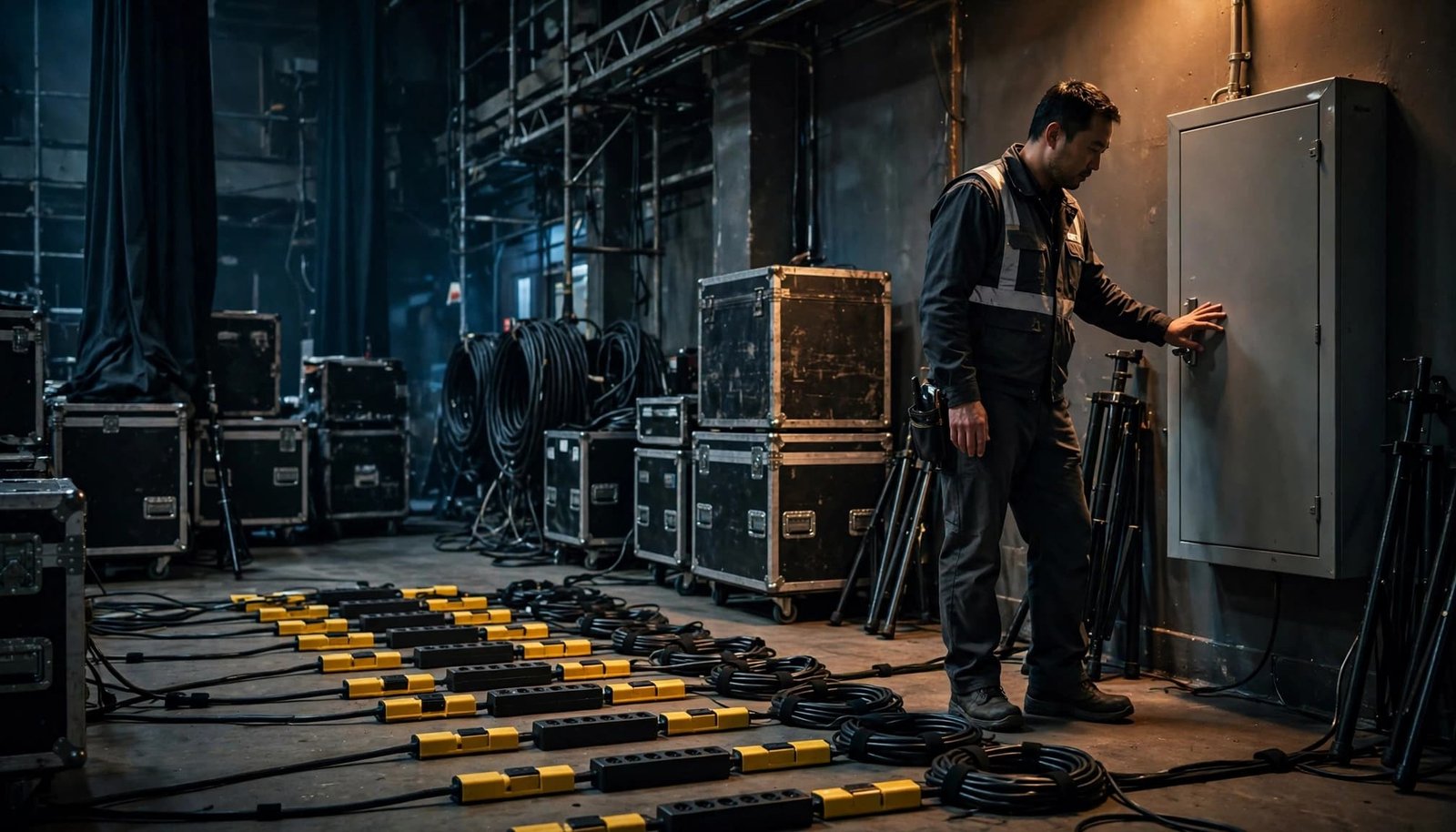 A staff member inspects organized power equipment backstage in a school auditorium.