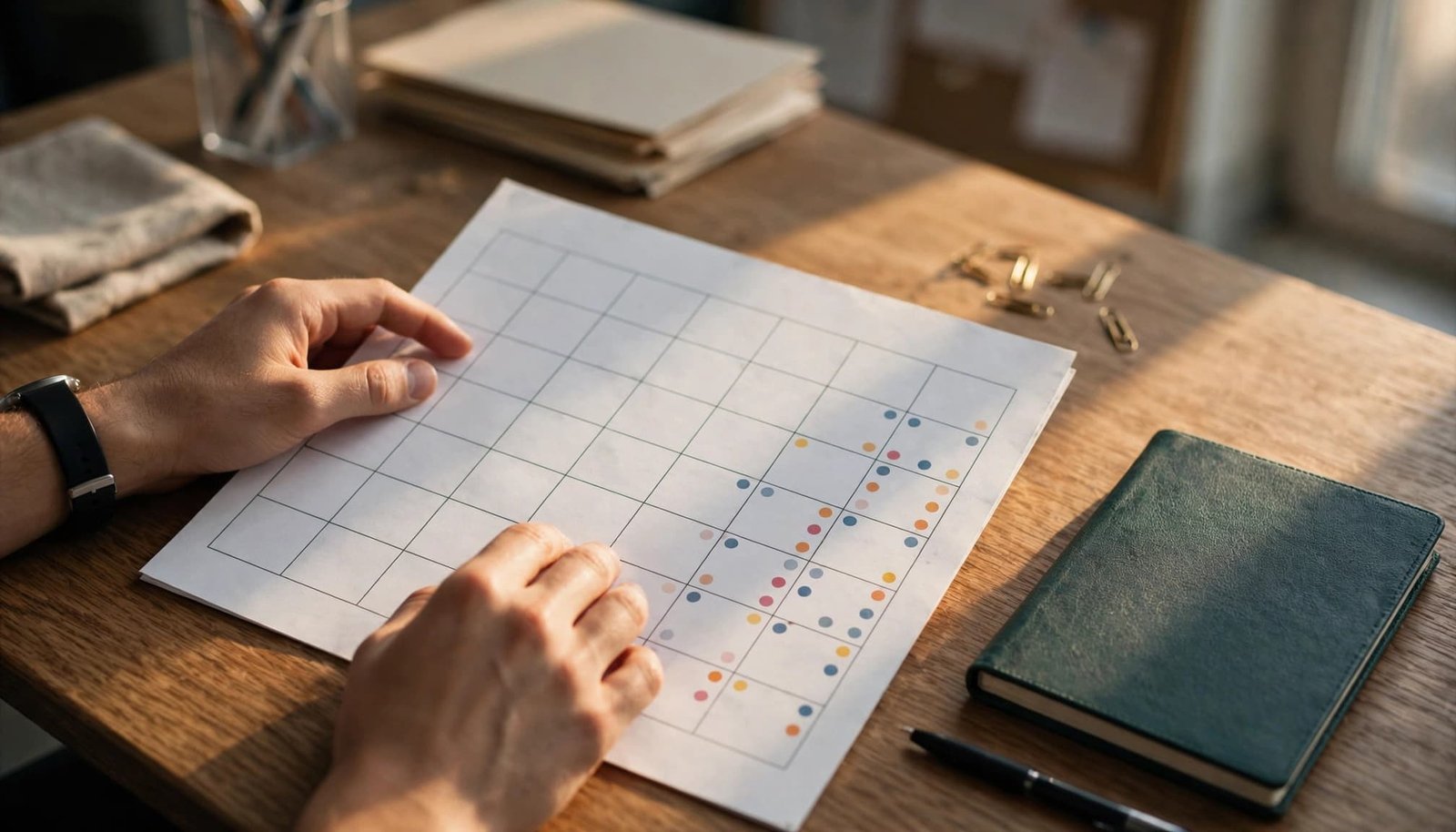 Prom Date Planning That Fits the School Calendar Hands review a dotted school calendar beside a closed planner and pen.