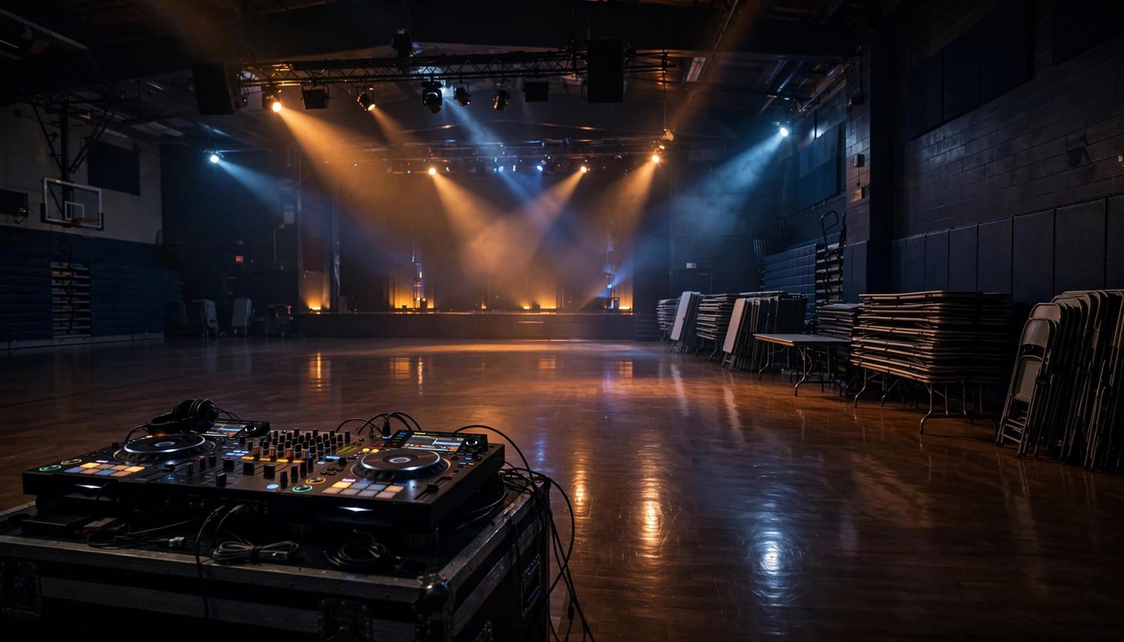 Empty school gym with a DJ console, folded tables, and colorful stage lights.