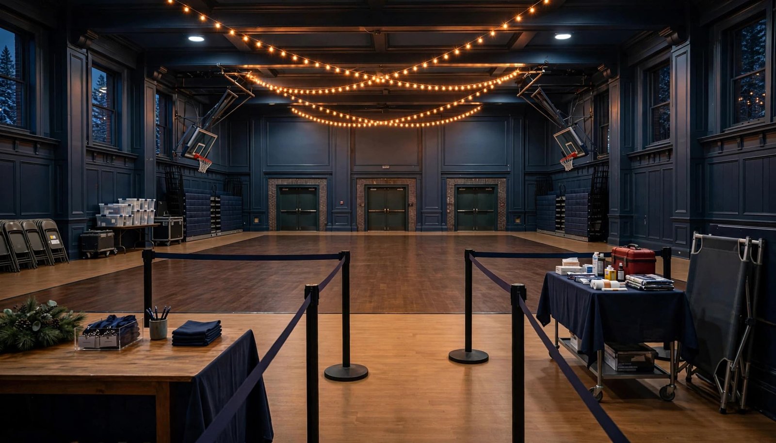 Empty school gym arranged for a dance with clear exits, aisles, and staff stations.