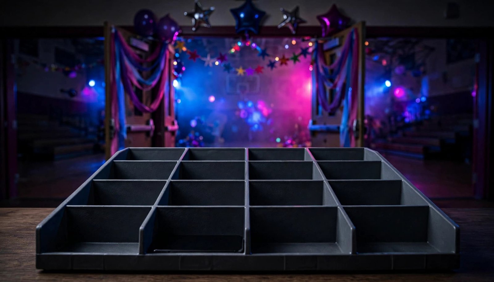 One phone rests in an open cubby organizer at a colorful school dance entrance.